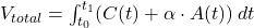 V_{total} = \int_{t_0}^{t_1} (C(t) + \alpha \cdot A(t)) \, dt