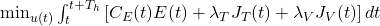  \min_{u(t)} \int_{t}^{t+T_h} \left[ C_E(t) E(t) + \lambda_T J_T(t) + \lambda_V J_V(t) \right] dt 