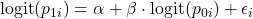  \text{logit}(p_{1i}) = \alpha + \beta \cdot \text{logit}(p_{0i}) + \epsilon_i 