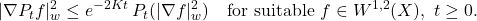 \displaystyle |\nabla P_t f|_w^2 \le e^{-2Kt}\,P_t(|\nabla f|_w^2) \quad \text{for suitable }f\in W^{1,2}(X),\ t\ge 0. 