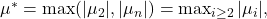 \mu^* = \max\!\left( |\mu_2|, |\mu_n| \right) = \max_{i \geq 2} |\mu_i|, \tag{6}