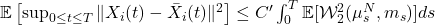  \mathbb{E} \left[ \sup_{0 \le t \le T} \|X_i(t) - \bar{X}_i(t)\|^2 \right] \le C' \int_0^T \mathbb{E}[\mathcal{W}_2^2(\mu^N_s, m_s)] ds 