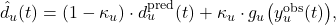  \hat{d}_u(t) = (1-\kappa_u) \cdot d_u^{\text{pred}}(t) + \kappa_u \cdot g_u\bigl(y_u^{\text{obs}}(t)\bigr), \tag{15} 