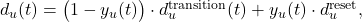  d_u(t) = \bigl(1 - y_u(t)\bigr) \cdot d_u^{\text{transition}}(t) + y_u(t) \cdot d_u^{\text{reset}}, \tag{4} 