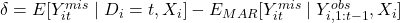 \delta = E[Y_{it}^{mis} \mid D_i = t, X_i] - E_{MAR}[Y_{it}^{mis} \mid Y_{i,1:t-1}^{obs}, X_i]