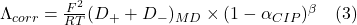  \Lambda_{corr} = \frac{F^2}{RT} (D_+ + D_-)_{MD} \times (1 - \alpha_{CIP})^\beta \quad (3) 