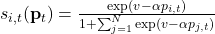  s_{i,t}(\mathbf{p}_t) = \frac{\exp(v - \alpha p_{i,t})}{1 + \sum_{j=1}^{N} \exp(v - \alpha p_{j,t})} 