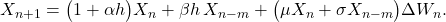  X_{n+1} = \bigl(1 + \alpha h\bigr)X_n + \beta h\, X_{n-m} + \bigl(\mu X_n + \sigma X_{n-m}\bigr)\Delta W_n. \tag{10} 
