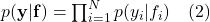  p(\mathbf{y} | \mathbf{f}) = \prod_{i=1}^N p(y_i | f_i) \quad (2) 
