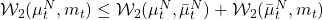  \mathcal{W}_2(\mu^N_t, m_t) \le \mathcal{W}_2(\mu^N_t, \bar{\mu}^N_t) + \mathcal{W}_2(\bar{\mu}^N_t, m_t) 