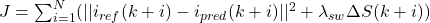  J = \sum_{i=1}^{N} ( ||i_{ref}(k+i) - i_{pred}(k+i)||^2 + \lambda_{sw} \Delta S(k+i) ) 