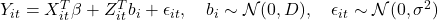 Y_{it} = X_{it}^T \beta + Z_{it}^T b_i + \epsilon_{it}, \quad b_i \sim \mathcal{N}(0, D), \quad \epsilon_{it} \sim \mathcal{N}(0, \sigma^2)