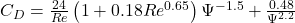 C_D = \frac{24}{Re}\left(1 + 0.18Re^{0.65}\right)\Psi^{-1.5} + \frac{0.48}{\Psi^{2.2}}
