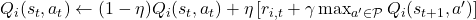  Q_i(s_t,a_t) \leftarrow (1-\eta)Q_i(s_t,a_t) + \eta\left[r_{i,t} + \gamma \max_{a' \in \mathcal{P}} Q_i(s_{t+1},a')\right] 