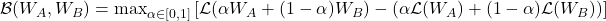  \mathcal{B}(W_A, W_B) = \max_{\alpha \in [0,1]} \left[ \mathcal{L}(\alpha W_A + (1-\alpha)W_B) - (\alpha \mathcal{L}(W_A) + (1-\alpha)\mathcal{L}(W_B)) \right] 