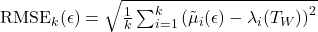  \text{RMSE}_k(\epsilon) = \sqrt{\frac{1}{k} \sum_{i=1}^k \left( \tilde{\mu}_i(\epsilon) - \lambda_i(T_W) \right)^2} 