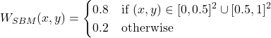  W_{SBM}(x, y) = \begin{cases} 0.8 & \text{if } (x,y) \in [0,0.5]^2 \cup [0.5,1]^2 \\ 0.2 & \text{otherwise} \end{cases} 