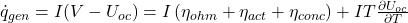 \dot{q}_{gen} = I(V-U_{oc}) = I\left(\eta_{ohm}+\eta_{act}+\eta_{conc}\right) + I T \frac{\partial U_{oc}}{\partial T}
