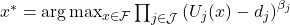  x^{*}=\arg\max_{x\in \mathcal{F}} \prod_{j \in \mathcal{J}} \left(U_j(x)-d_j\right)^{\beta_j} 