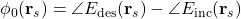 \phi_0(\mathbf{r}_s)=\angle E_{\text{des}}(\mathbf{r}_s)-\angle E_{\text{inc}}(\mathbf{r}_s)