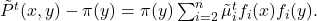 \tilde{P}^t(x,y) - \pi(y) = \pi(y) \sum_{i=2}^{n} \tilde{\mu}_i^t f_i(x) f_i(y). \tag{13}