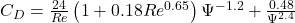 C_D = \frac{24}{Re}\left(1 + 0.18Re^{0.65}\right)\Psi^{-1.2} + \frac{0.48}{\Psi^{2.4}}