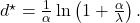  d^\star = \frac{1}{\alpha}\ln\left(1+\frac{\alpha}{\lambda}\right). \tag{14} 