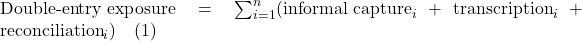 \text{Double-entry exposure} = \sum_{i=1}^{n}(\text{informal capture}_i + \text{transcription}_i + \text{reconciliation}_i) \quad (1)
