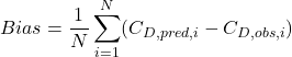 \displaystyle Bias = \frac{1}{N}\sum_{i=1}^{N}(C_{D,pred,i} - C_{D,obs,i})