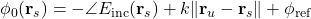  \phi_0(\mathbf{r}_s) = -\angle E_{\text{inc}}(\mathbf{r}_s) + k\|\mathbf{r}_u-\mathbf{r}_s\| + \phi_{\text{ref}} \tag{6} 