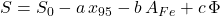  S = S_0 - a \, x_{95} - b \, A_{Fe} + c \, \Phi 