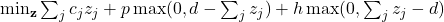  \min_{\mathbf{z}} \sum_j c_j z_j + p \max(0, d - \sum_j z_j) + h \max(0, \sum_j z_j - d) 