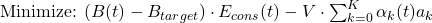  \text{Minimize: } (B(t) - B_{target}) \cdot E_{cons}(t) - V \cdot \sum_{k=0}^K \alpha_k(t) a_k 