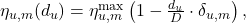  \eta_{u,m}(d_u) = \eta_{u,m}^{\max} \left(1 - \frac{d_u}{D} \cdot \delta_{u,m}\right), \tag{2} 