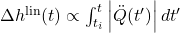  \Delta h^{\text{lin}}(t) \propto \int_{t_i}^{t} \left|\ddot{Q}(t')\right| dt' 