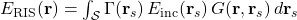  E_{\text{RIS}}(\mathbf{r}) = \int_{\mathcal{S}} \Gamma(\mathbf{r}_s)\, E_{\text{inc}}(\mathbf{r}_s)\, G(\mathbf{r},\mathbf{r}_s)\, d\mathbf{r}_s \tag{2} 
