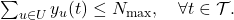  \sum_{u \in U} y_u(t) \leq N_{\max}, \quad \forall t \in \mathcal{T}. \tag{12} 