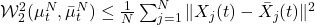  \mathcal{W}_2^2(\mu^N_t, \bar{\mu}^N_t) \le \frac{1}{N} \sum_{j=1}^N \|X_j(t) - \bar{X}_j(t)\|^2 