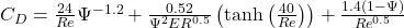 C_D = \frac{24}{Re}\Psi^{-1.2} + \frac{0.52}{\Psi^2 ER^{0.5}}\left(\tanh\left(\frac{40}{Re}\right)\right) + \frac{1.4(1-\Psi)}{Re^{0.5}}