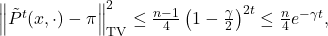 \left\| \tilde{P}^t(x, \cdot) - \pi \right\|_{\mathrm{TV}}^2 \leq \frac{n-1}{4} \left(1 - \frac{\gamma}{2}\right)^{2t} \leq \frac{n}{4} e^{-\gamma t}, \tag{15}