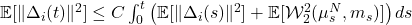  \mathbb{E}[\|\Delta_i(t)\|^2] \le C \int_0^t \left( \mathbb{E}[\|\Delta_i(s)\|^2] + \mathbb{E}[\mathcal{W}_2^2(\mu^N_s, m_s)] \right) ds 